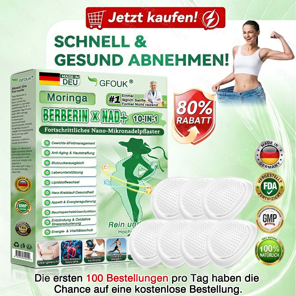 🇩🇪Offizieller Shop | 😉 GFOUK® Moringa Berberinex NAD+ 10-in-1 Nano-Mikronadel-Patch (Nur einmal täglich, sichtbare Veränderungen in 7 Tagen) ✅ Für Übergewicht, lockere Haut, Diabetes, Schlafapnoe, Gelenkprobleme und mehr