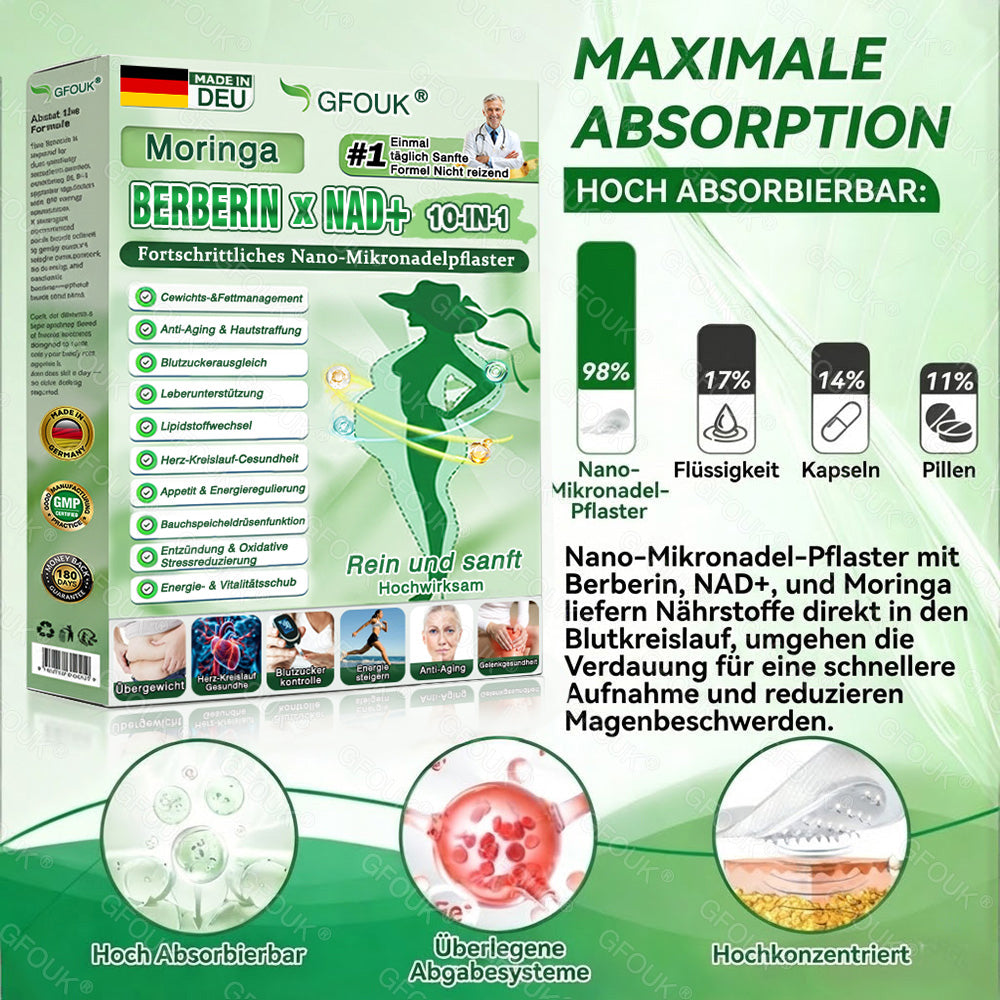 🇩🇪Offizieller Shop | 😉 GFOUK® Moringa Berberinex NAD+ 10-in-1 Nano-Mikronadel-Patch (Nur einmal täglich, sichtbare Veränderungen in 7 Tagen) ✅ Für Übergewicht, lockere Haut, Diabetes, Schlafapnoe, Gelenkprobleme und mehr