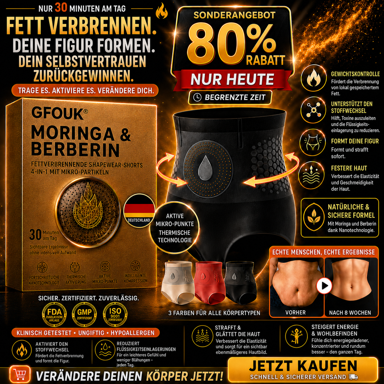 🔥🔥 GFOUK® 2026 Black Gold Luxury Edition | ⚡️ 4-in-1 Fettverbrennende Shapewear-Shorts mit Moringa, Berberin & formender Mikropartikel-Technologie